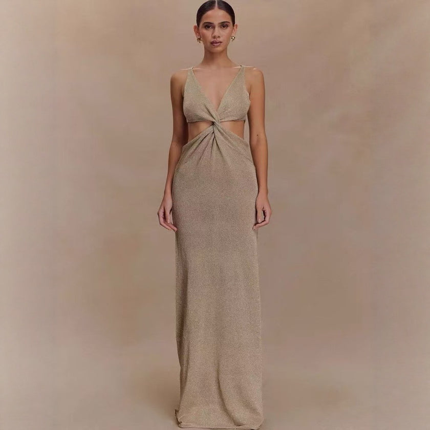 Sexy Twisted Vest Gold And Silver Wire Spring And Summer V-neck Dress