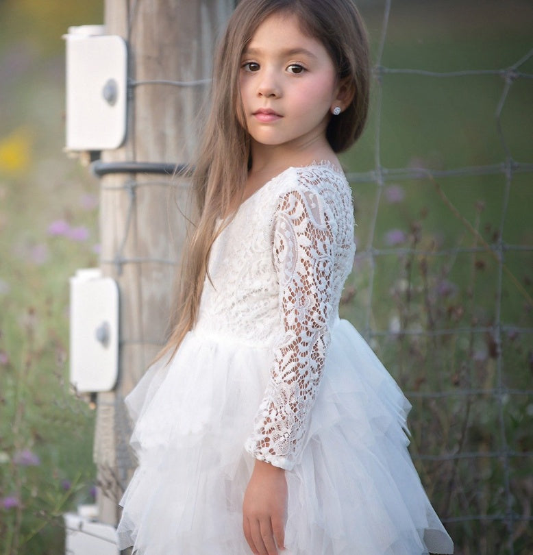 Children's Lace Long-sleeved White Lace Princess Dress
