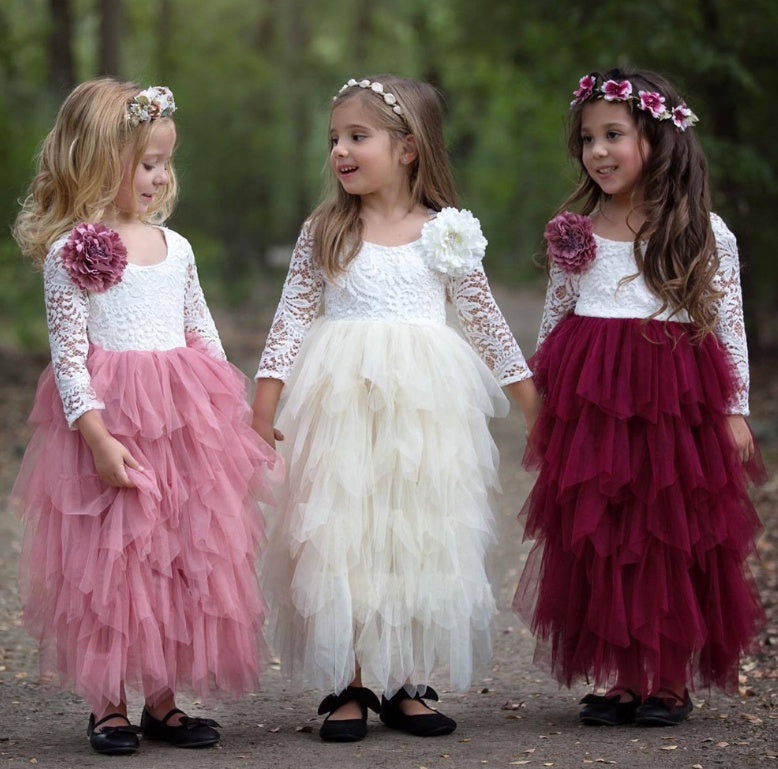 Children's Lace Long-sleeved White Lace Princess Dress