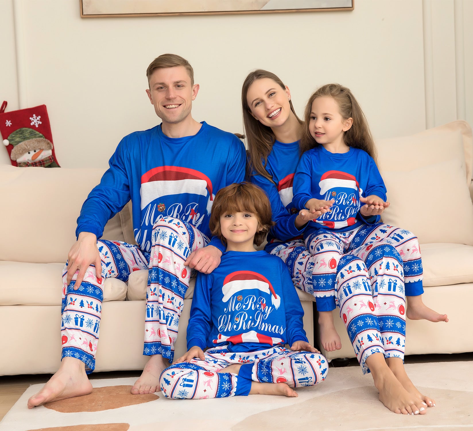 Family Matching Print Top And Plaid Pajamas Sets Xmas
