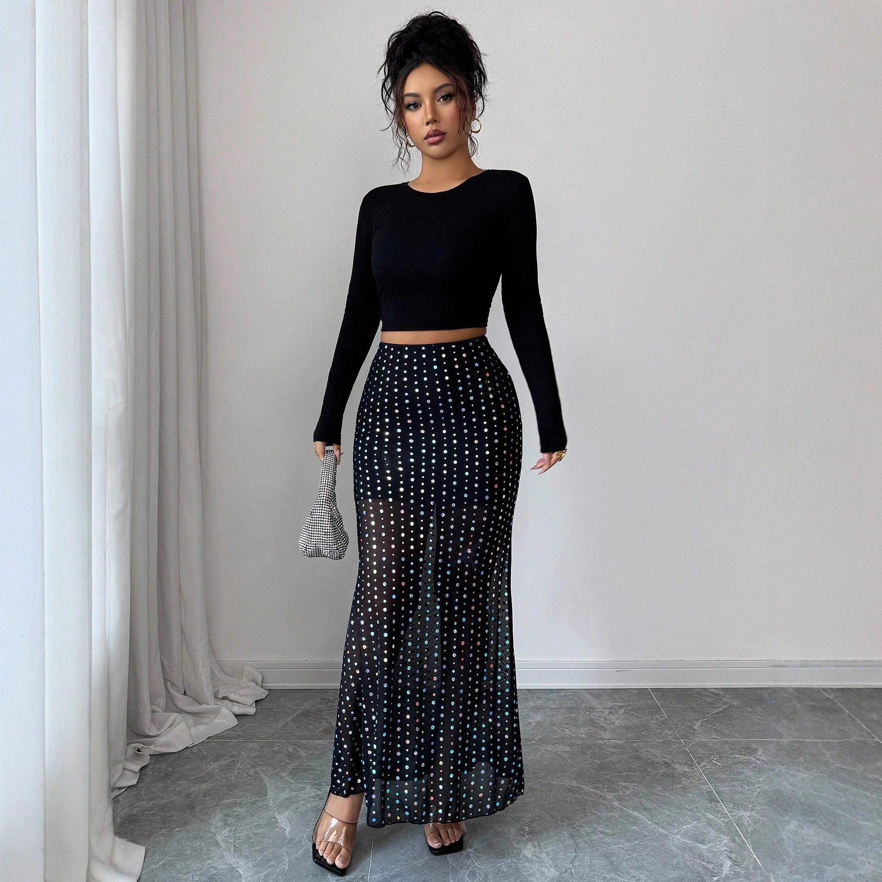 Sequin Double-layer Mesh High Waist Skirt