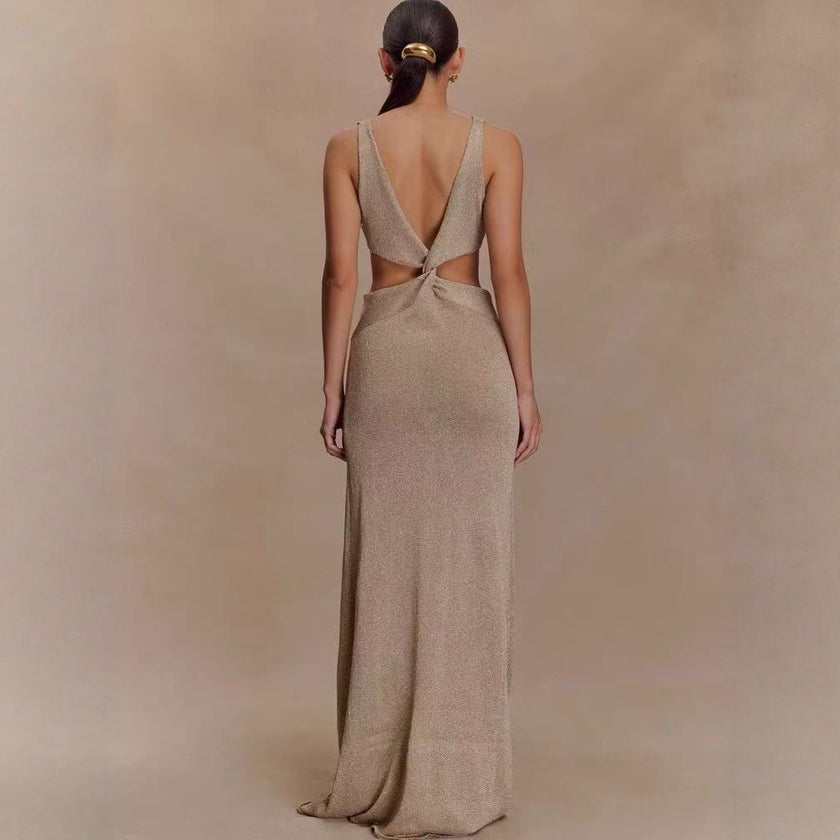 Sexy Twisted Vest Gold And Silver Wire Spring And Summer V-neck Dress