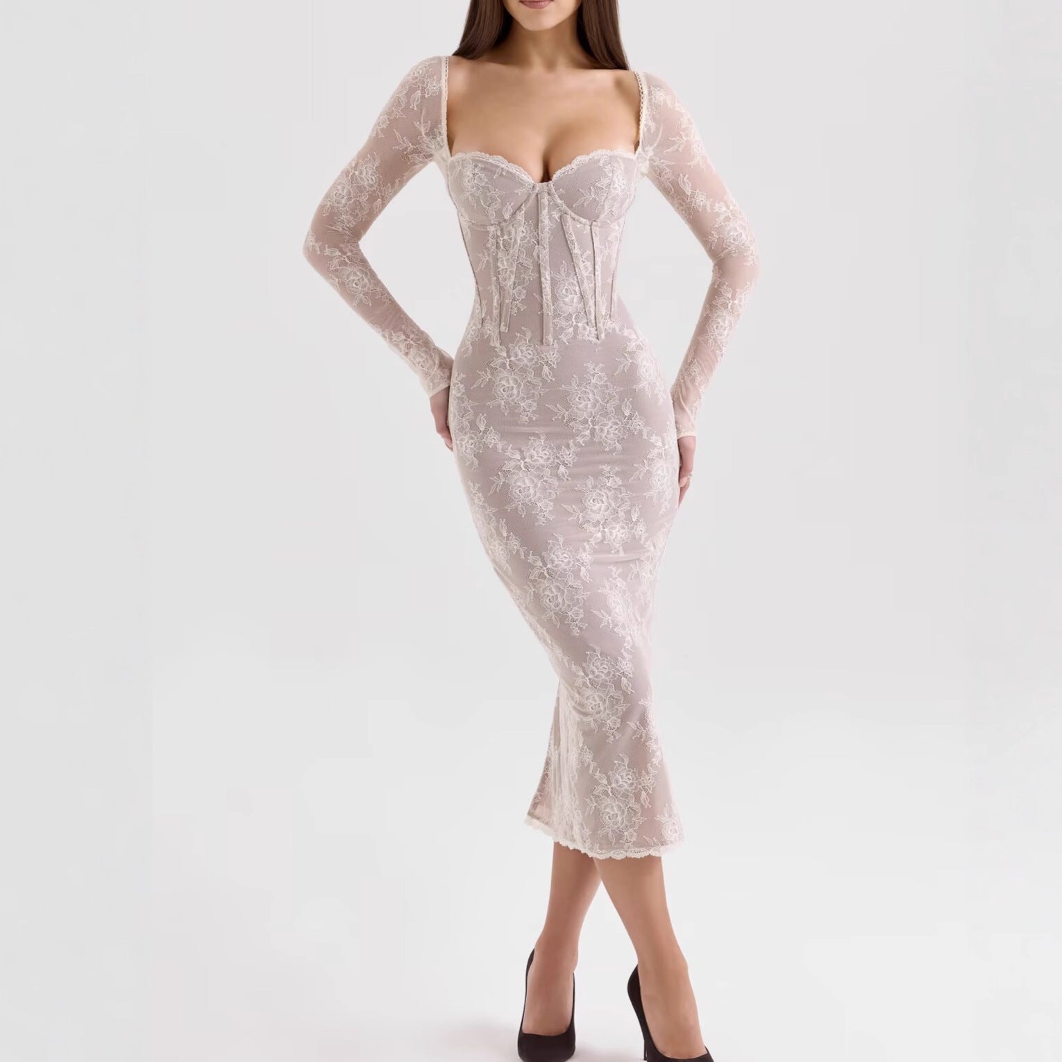 Temperament Long Sleeve Lace Backless Dress