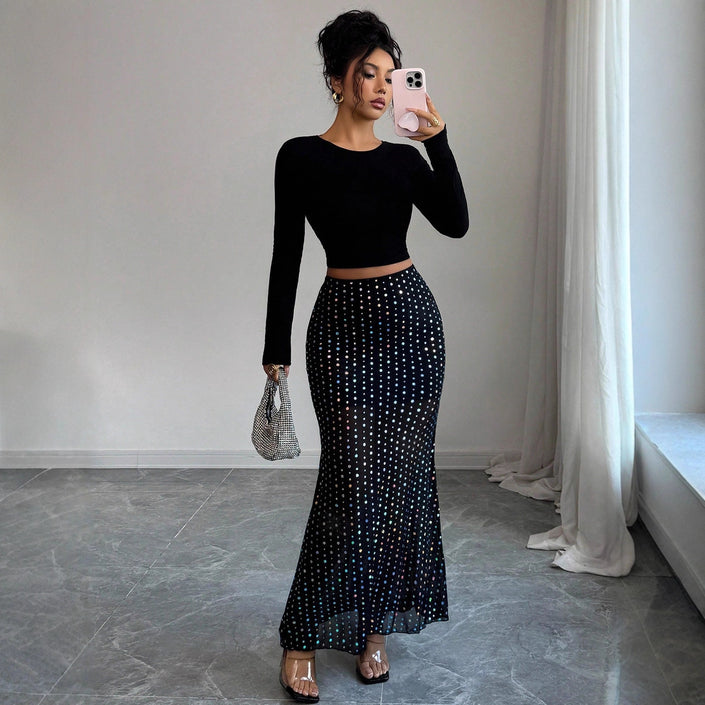 Sequin Double-layer Mesh High Waist Skirt