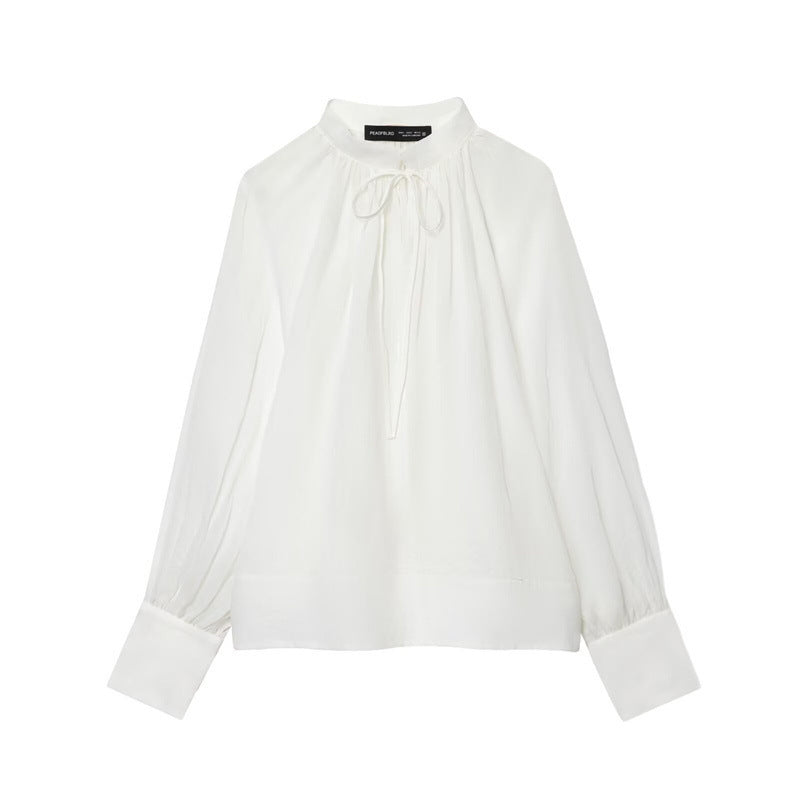 Women's Stand-up Collar Striped Lantern Long Sleeve Top