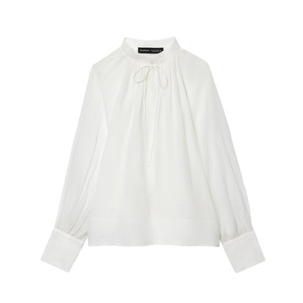 Women's Stand-up Collar Striped Lantern Long Sleeve Top