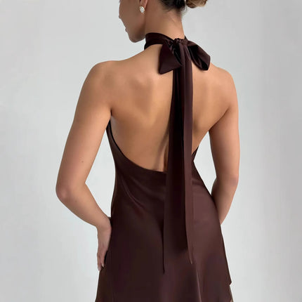 Women's Sleeveless Satin Halter Mid-length Dress