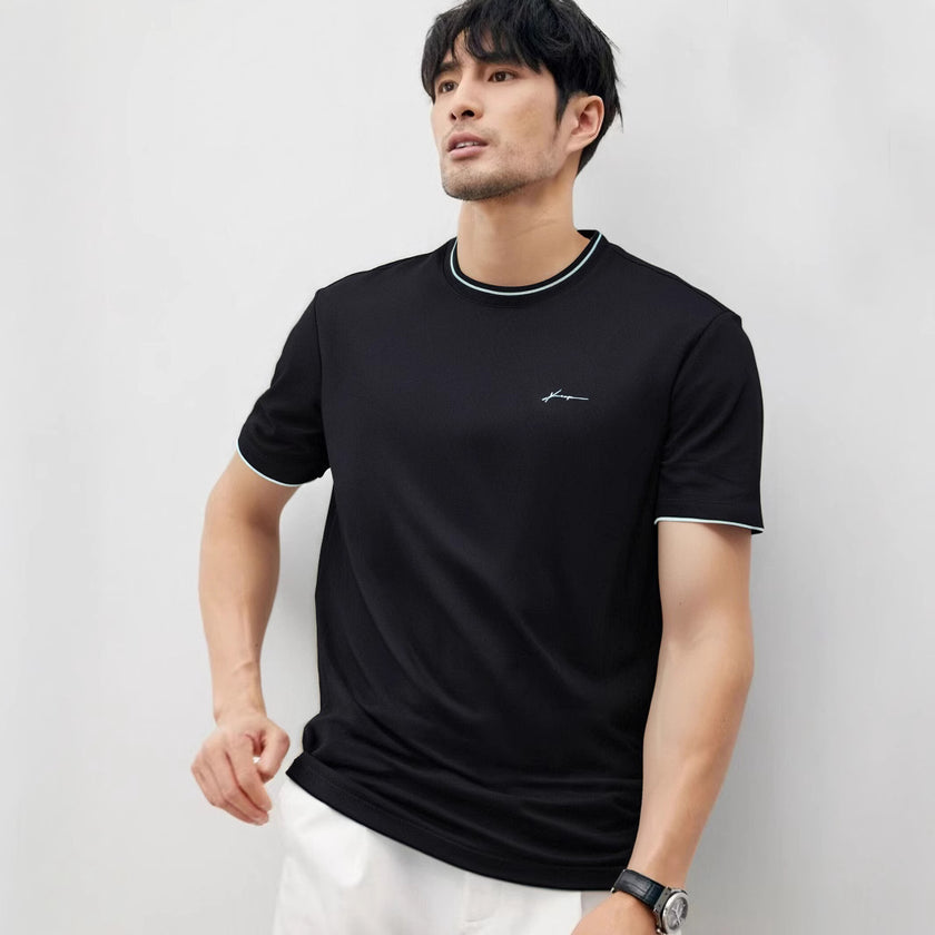Color -blocked Round-neck T-shirt For Men With Personalized Artistic Signature Embroidery
