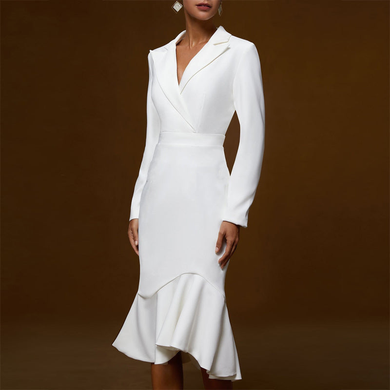 Women's Solid Color Notch Lapel Mermaid Dress Bodycon Office Dress With Asymmetrical Hem For Formal Events