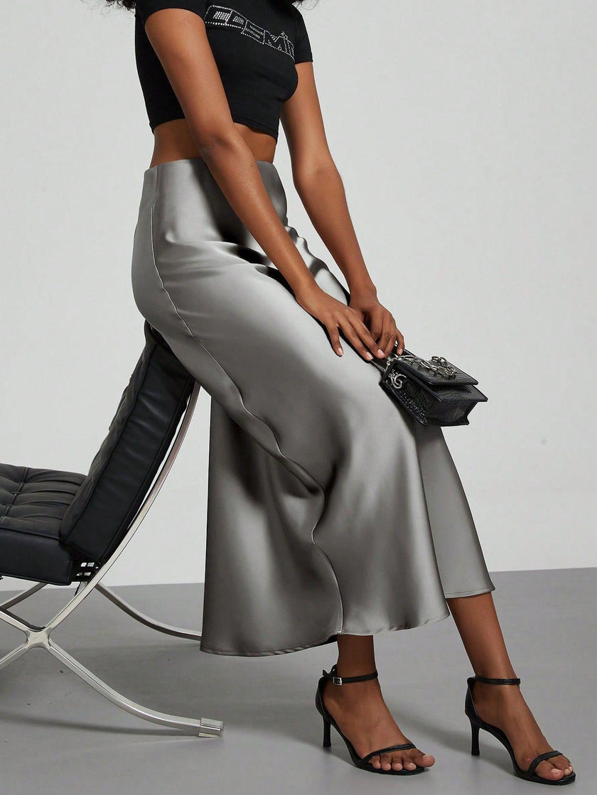 European And American Style Elegant Texture Satin Slimming Straight Mid-length Skirt