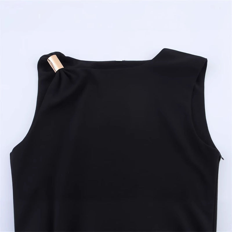 Metal-trimmed Fitted Asymmetric Sleeveless Dress