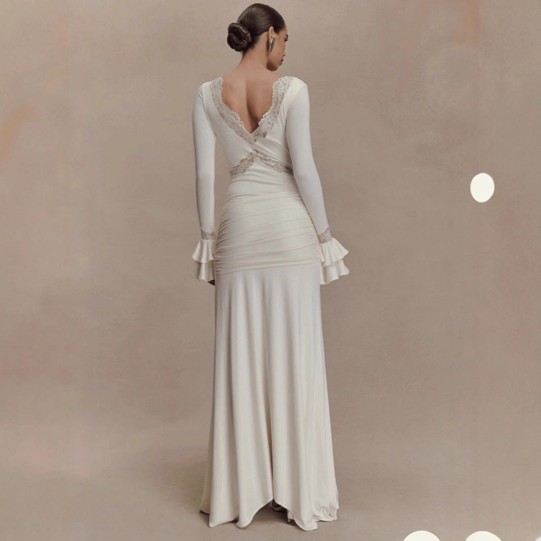 Lace Patchwork Flared Sleeves Ribbon Elegant Slim-fit Dress