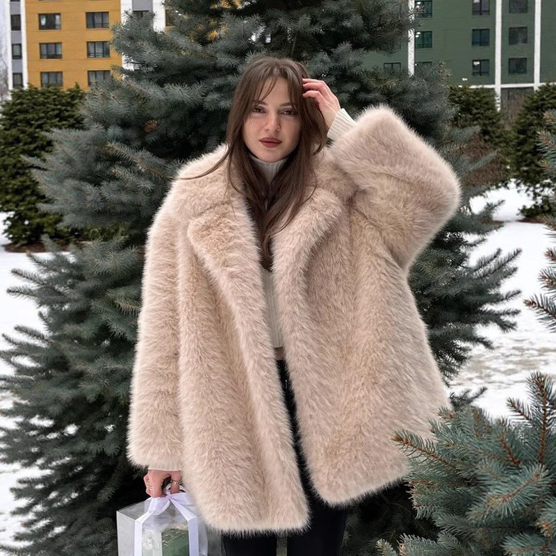 Notched Collar Mid-Length Fur Coat