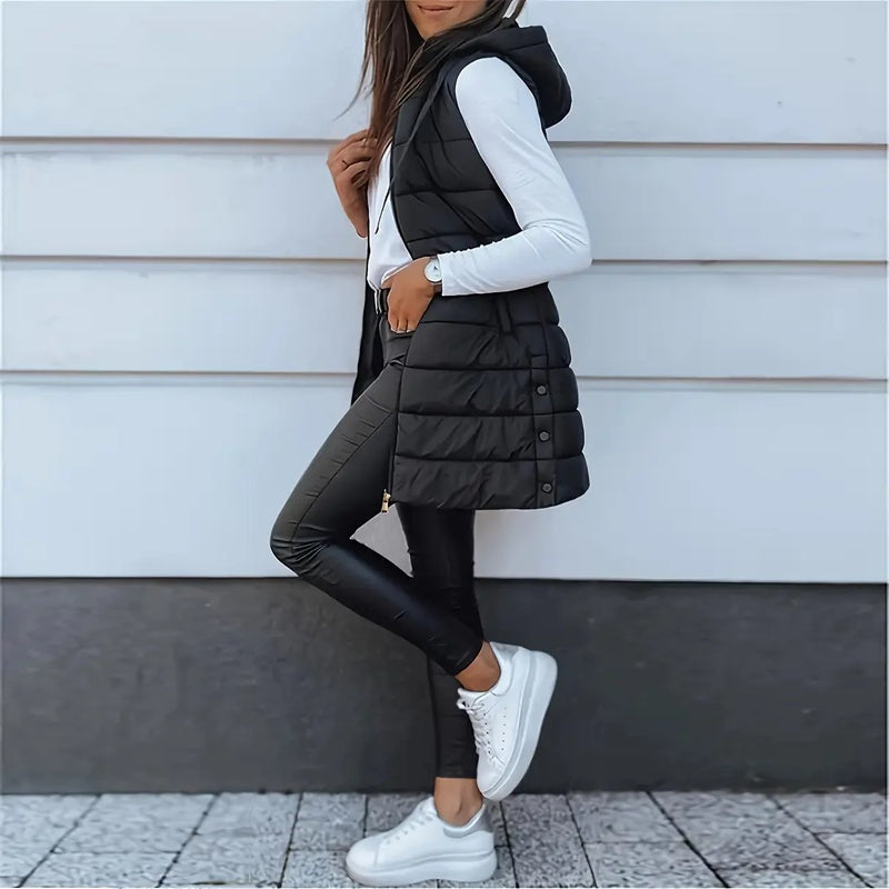 Women's Solid Color Sleeveless Hooded Vest, Mid-Length Zip-Front Waistcoat With Pockets For Spring And Fall Layering