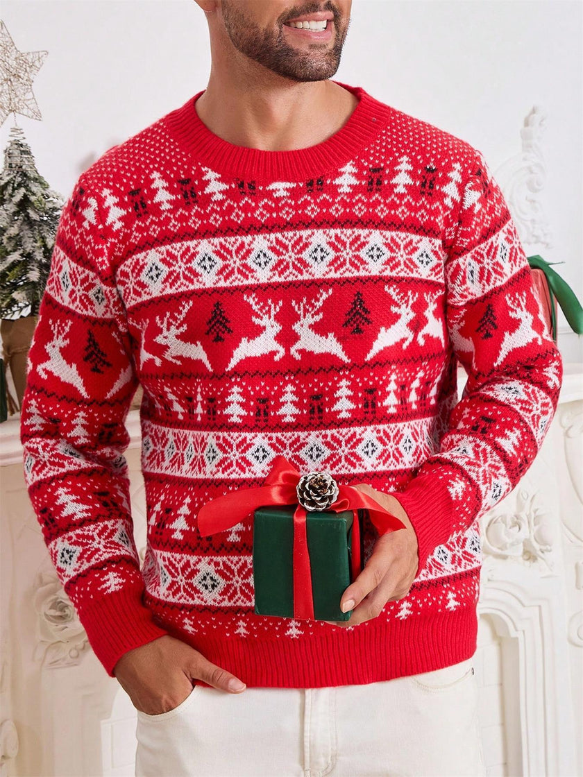 Men's Round Neck Loose Jacquard Christmas Knitwear