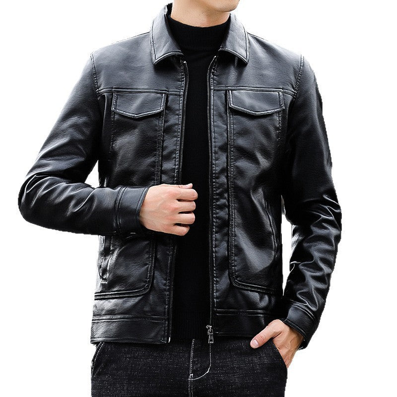 Leather Turn-Down Collar Casual Long Sleeve Jacket