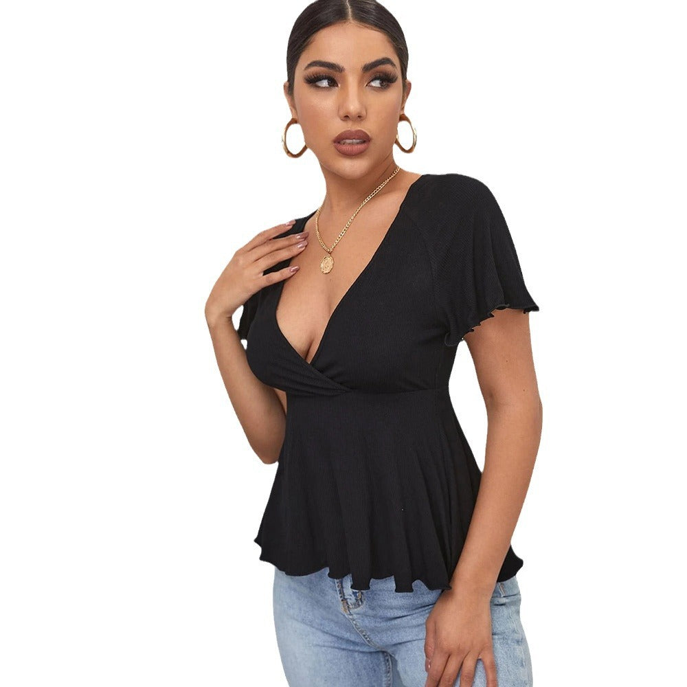 Women's V-neck waist free short-sleeve Top