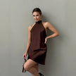 Women's Sleeveless Satin Halter Mid-length Dress