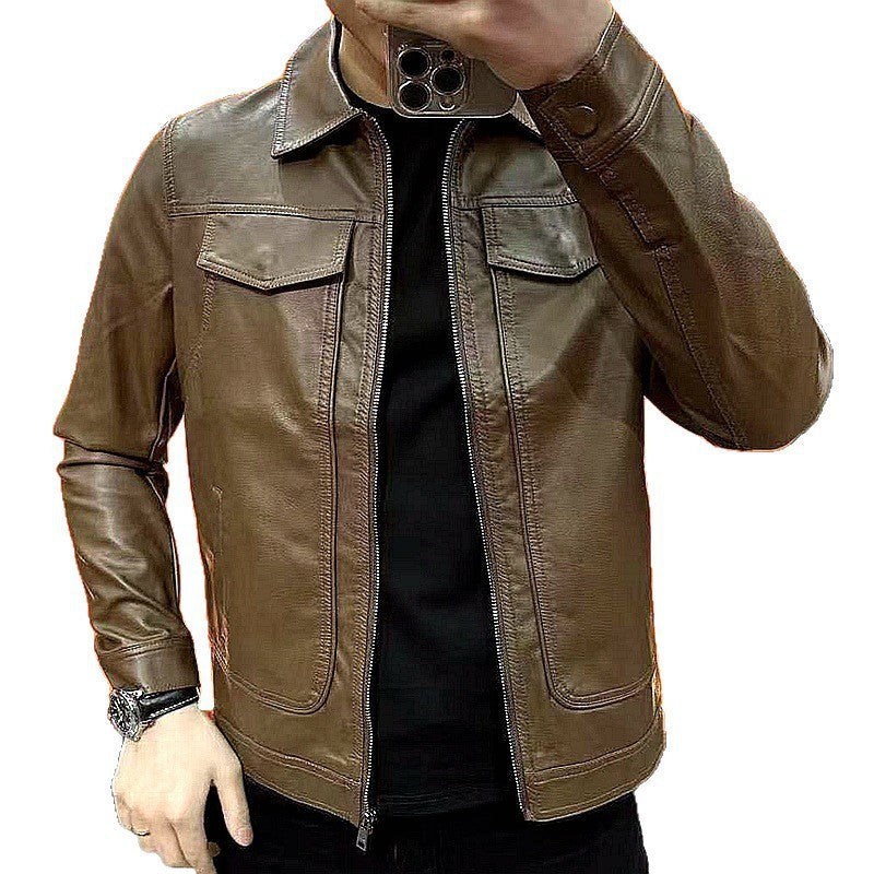 Leather Turn-Down Collar Casual Long Sleeve Jacket