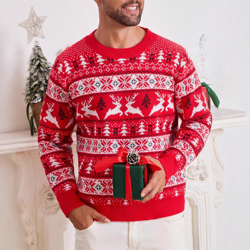 Men's Round Neck Loose Jacquard Christmas Knitwear