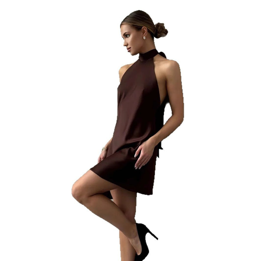 Women's Sleeveless Satin Halter Mid-length Dress