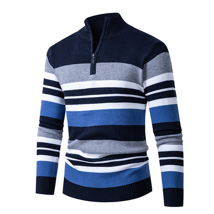 Men's Long-sleeve Half-turtleneck Zip-up Versatile Striped Sweater
