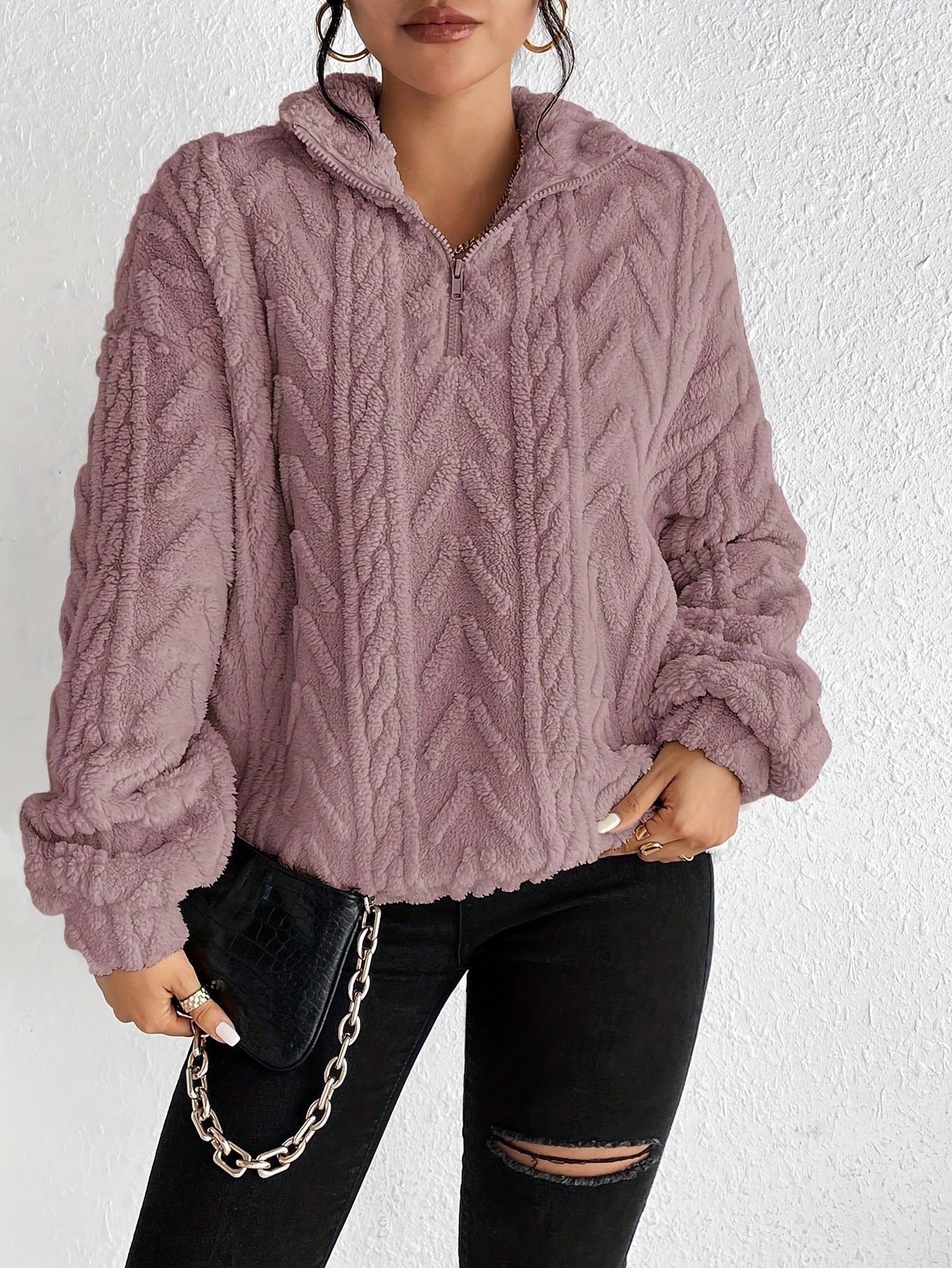 Double-sided Plush Latte Art Casual Zipper Pullover Top