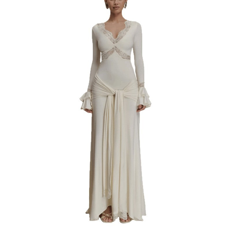 Lace Patchwork Flared Sleeves Ribbon Elegant Slim-fit Dress