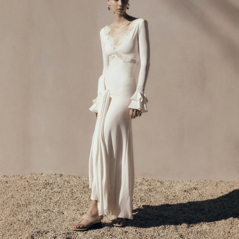 Lace Patchwork Flared Sleeves Ribbon Elegant Slim-fit Dress