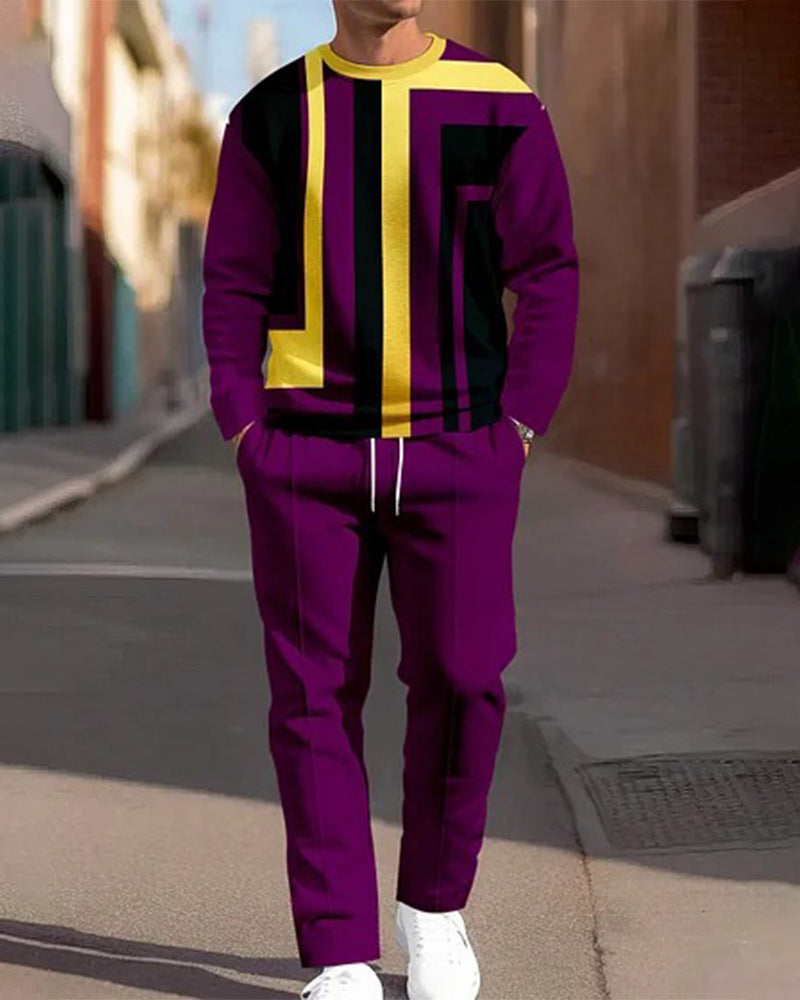 Men's Casual Sporty Round Neck Sweatshirt And Pants Two-piece Set
