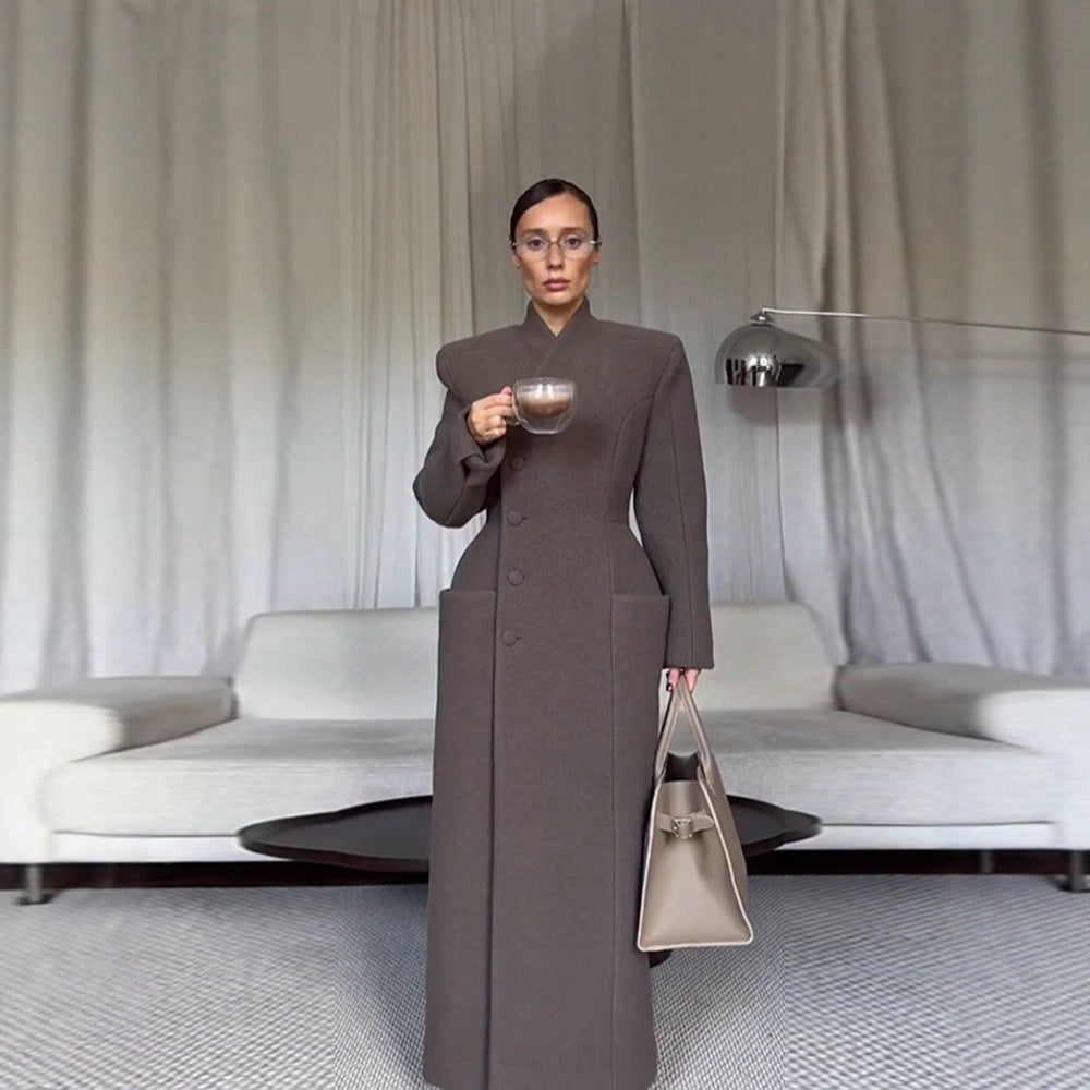 Temperament Shoulder-pad Long Wool Coat