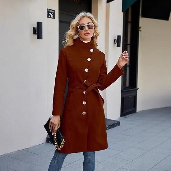 Women's Single-breasted Stand Collar Belt Pea Coat