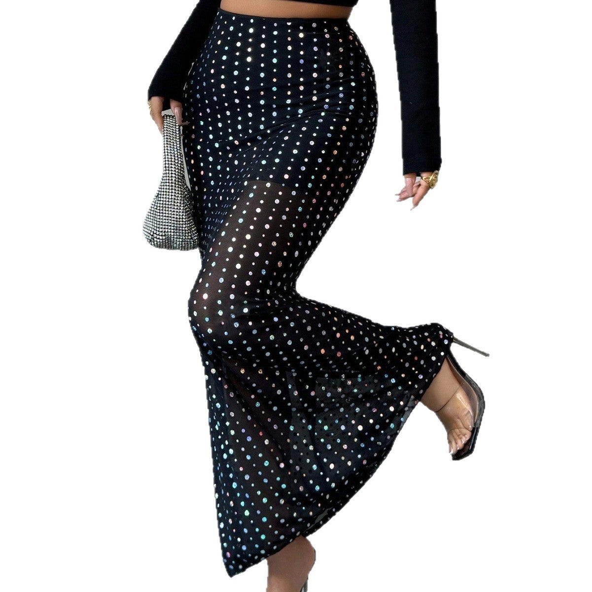 Sequin Double-layer Mesh High Waist Skirt