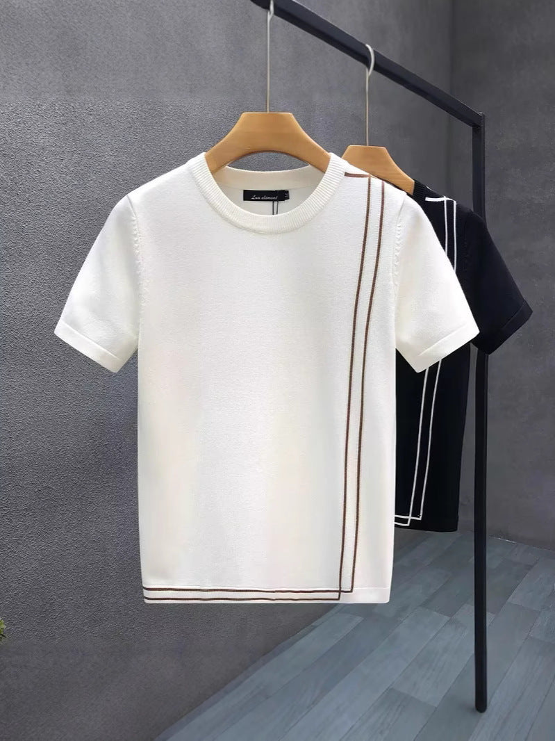 Stripped Knitted Short Sleeve High-end Retro T-shirt
