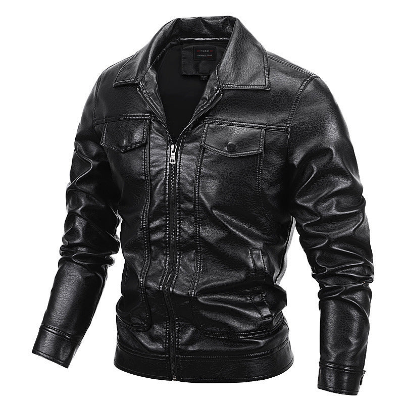 Leather Turn-Down Collar Casual Long Sleeve Jacket