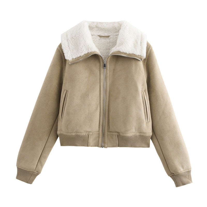 Threaded Hem Loose Fleece Warm Thickened Short Jacket For Women