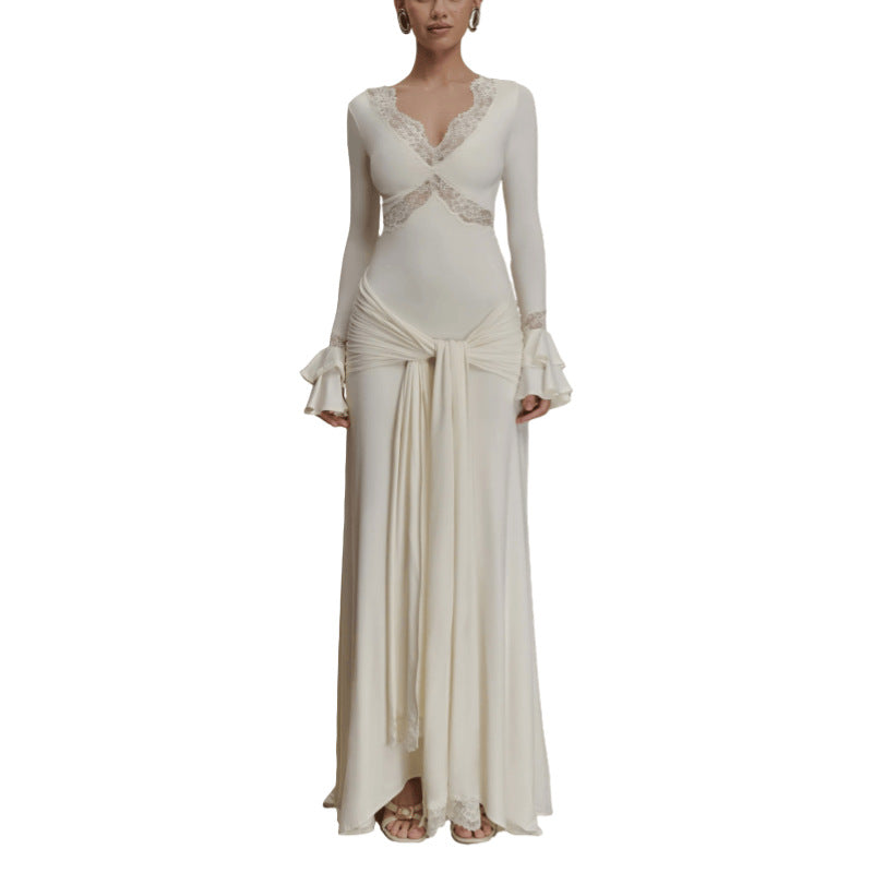 Lace Patchwork Flared Sleeves Ribbon Elegant Slim-fit Dress