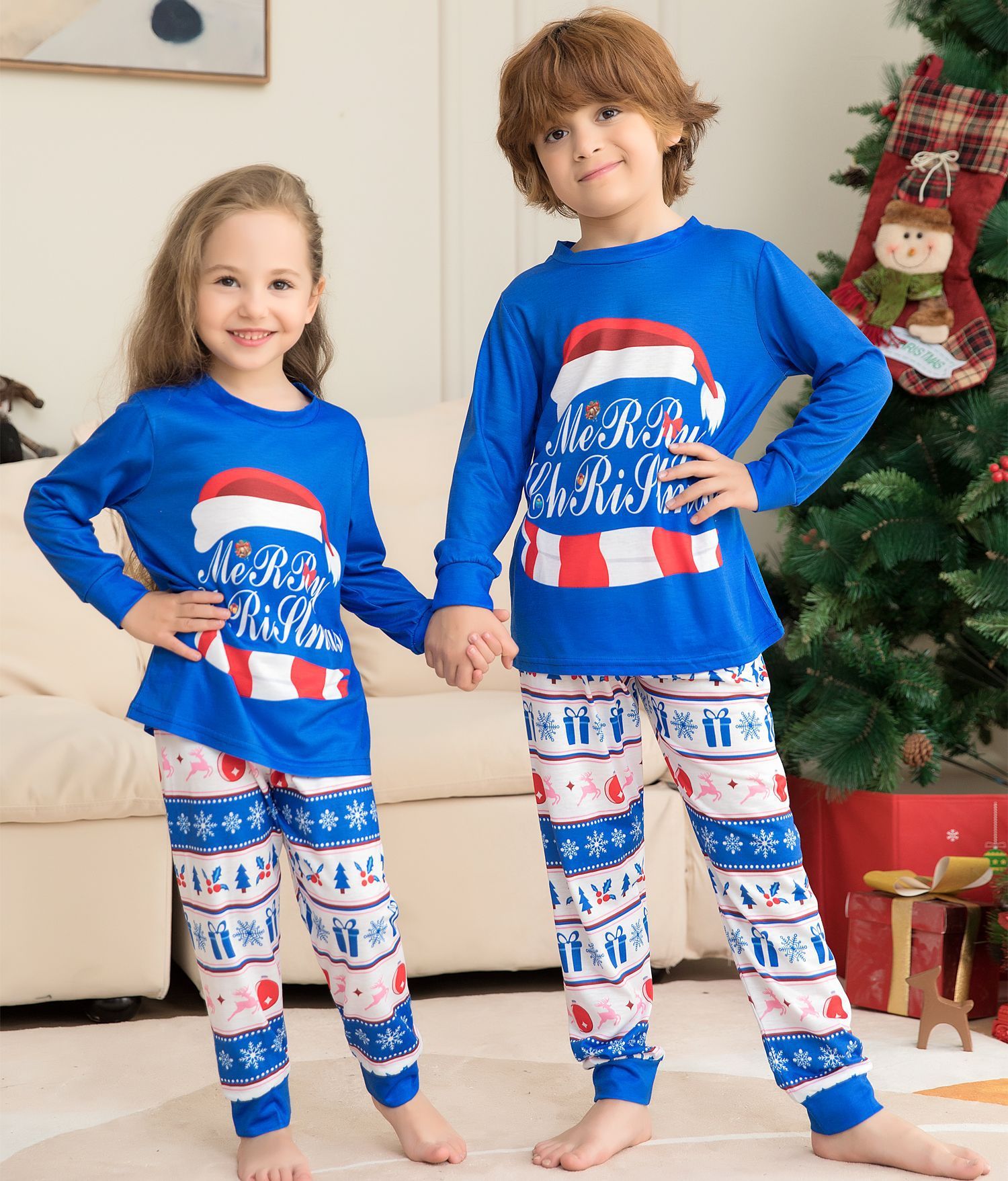 Family Matching Print Top And Plaid Pajamas Sets Xmas