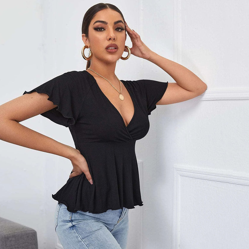 Women's V-neck waist free short-sleeve Top