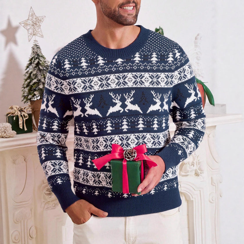 Men's Round Neck Loose Jacquard Christmas Knitwear