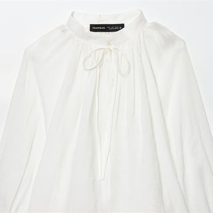 Women's Stand-up Collar Striped Lantern Long Sleeve Top