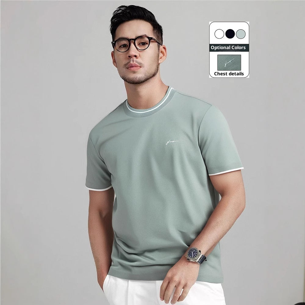 Color -blocked Round-neck T-shirt For Men With Personalized Artistic Signature Embroidery