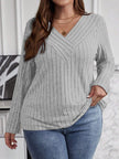 Autumn And Winter Solid Color Plus-size Cross V-neck Long-sleeve Ribbed Brushed Pullover T-shirt Top