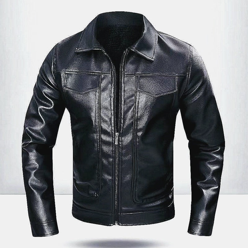 Leather Turn-Down Collar Casual Long Sleeve Jacket