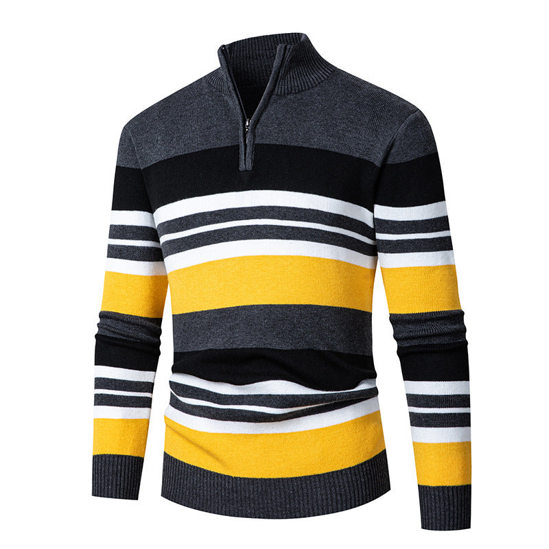 Men's Long-sleeve Half-turtleneck Zip-up Versatile Striped Sweater