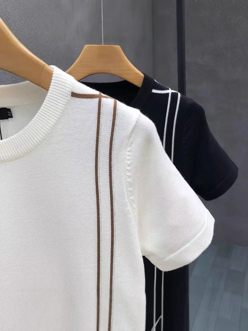 Stripped Knitted Short Sleeve High-end Retro T-shirt