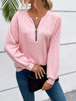 Women's Sports Pullover Zipper Sweater Loose V-neck Long Sleeve