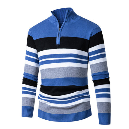 Men's Long-sleeve Half-turtleneck Zip-up Versatile Striped Sweater