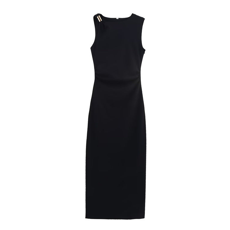 Metal-trimmed Fitted Asymmetric Sleeveless Dress