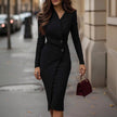 Women's Elegant V-Neck Wrap Dress Long Sleeve Button Front Midi Dress With Hidden Zipper & Slit Hem For Office